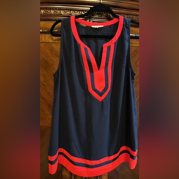 Navy Blue & Red Slightly Sheer Top Sz Large - Picture 3 of 4